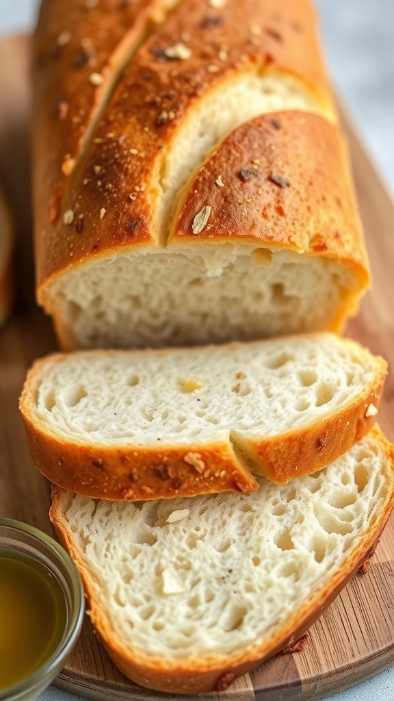 Freshly baked gluten-free bread loaf sliced on a wooden board with olive oil.